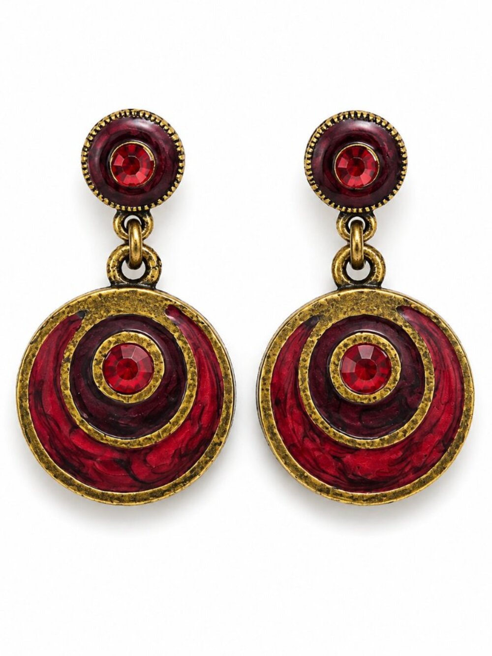 Art Deco Inspired Burgundy Enamel Brass Drop Earrings | Retro Statement